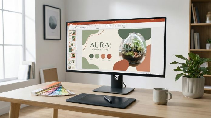 Designer creating slide layouts following key slide design principles on a modern monitor