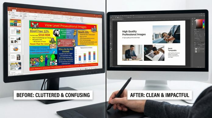 Before and after slide makeover showing transformation from cluttered to clean professional design