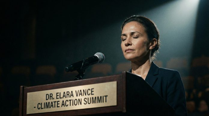 Confident speaker at podium taking a calming breath before speaking
