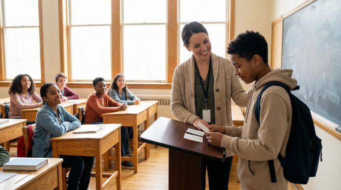 Students afraid of presenting - teacher supportively encouraging nervous student in classroom