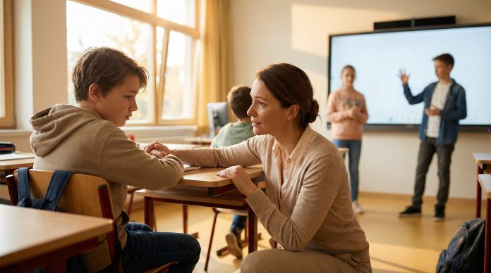 Anxious student being comforted by teacher while classmates present