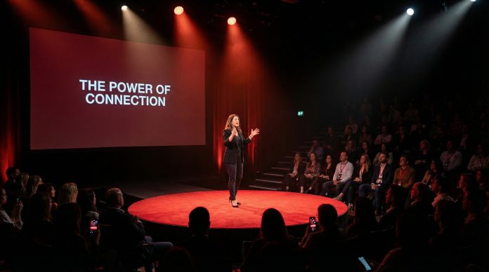 Charismatic TED-style speaker captivating an audience on a red circle stage with dramatic lighting