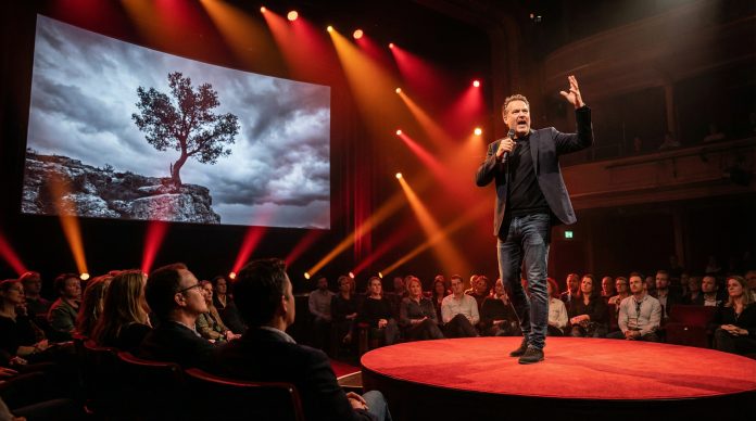Dynamic speaker on TED-style stage with dramatic lighting
