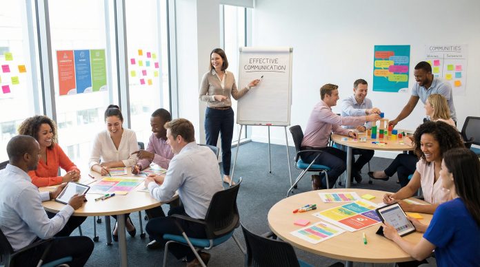 Corporate trainer facilitating an engaging interactive workshop with active participants