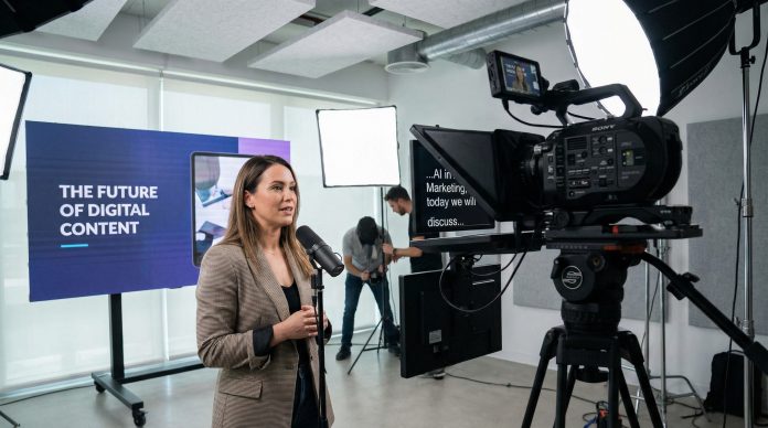 Content creator recording a professional video presentation in a modern studio setup