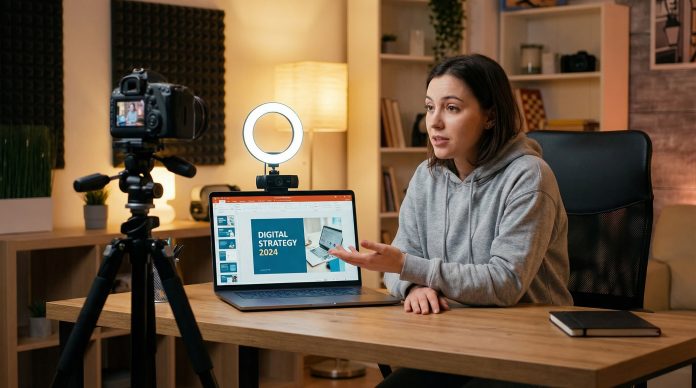 Content creator recording a PowerPoint presentation with webcam and ring light