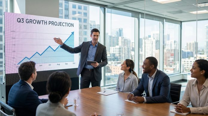 Executive delivering a winning business presentation with growth charts to boardroom stakeholders