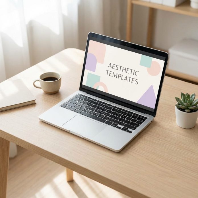 Aesthetic PowerPoint templates displayed on a modern laptop in a design studio