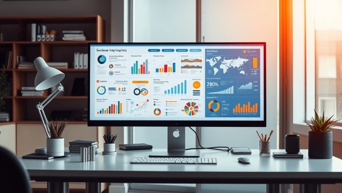Professional workspace with a monitor displaying a colorful infographic with charts and data visualization elements