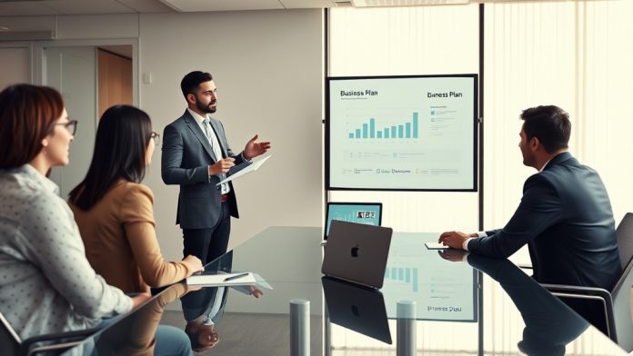 Entrepreneur presenting a business plan to investors in a modern conference room