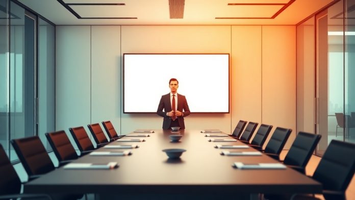 Executive presenting to C-suite in a modern boardroom with a minimalist slide on screen