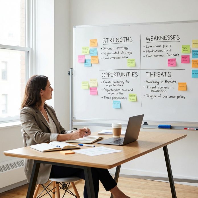Personal SWOT analysis matrix on whiteboard for strategic self-assessment