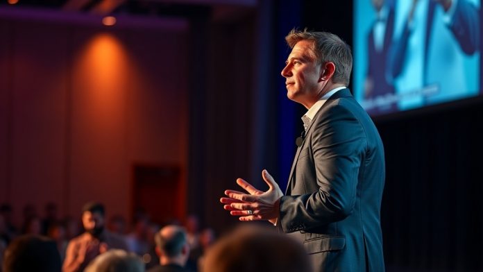 Speaker on stage using expressive hand gestures during a presentation with dramatic lighting