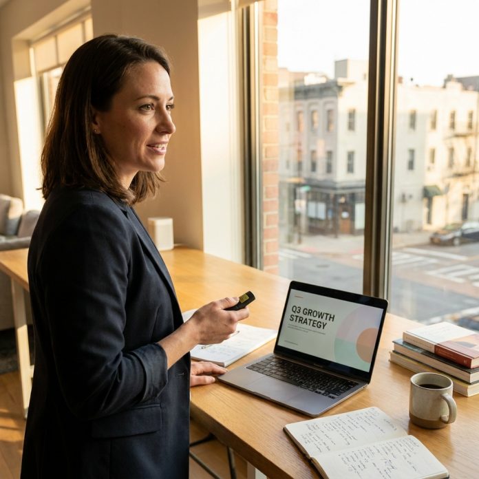 Professional practicing presentation skills with notes and laptop in a modern workspace