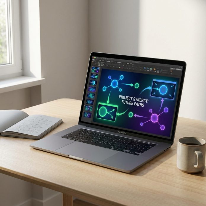 Prezi canvas displayed on a laptop showing a non-linear zoom-based presentation