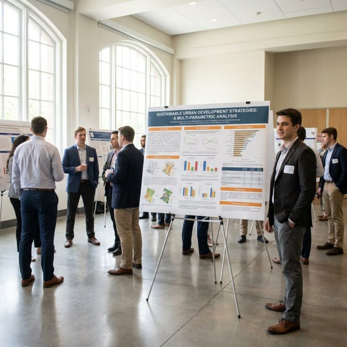 Researcher presenting a clean, well-designed poster at an academic conference session