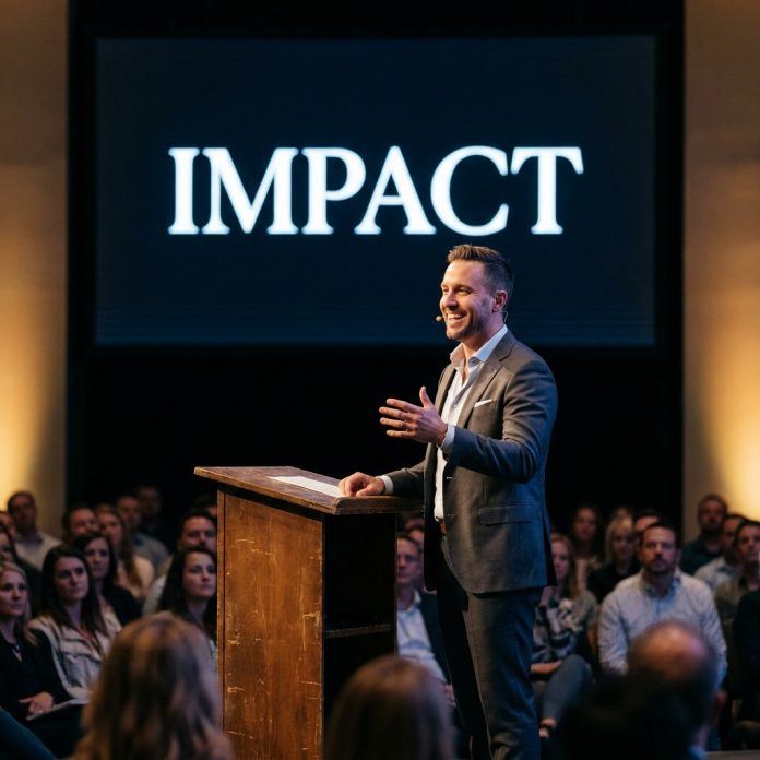 Speaker on stage with a single bold word displayed on the screen behind them