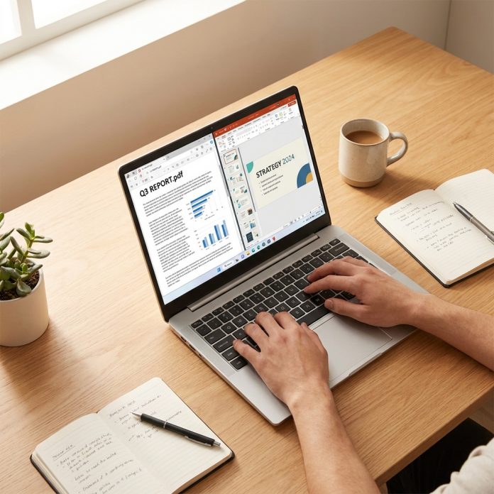 Laptop displaying a PDF on one side and a PowerPoint on the other, demonstrating PDF to PPT conversion