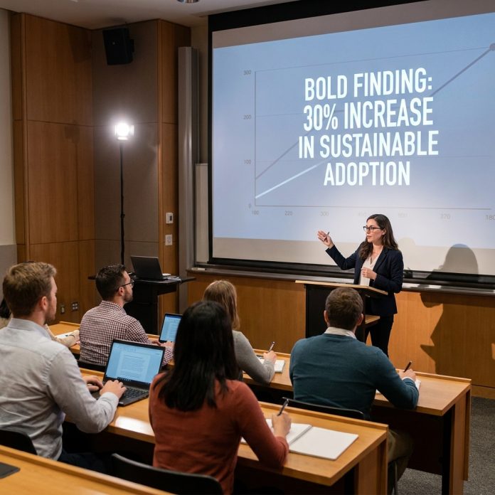Researcher presenting findings on a projection screen to a focused academic audience