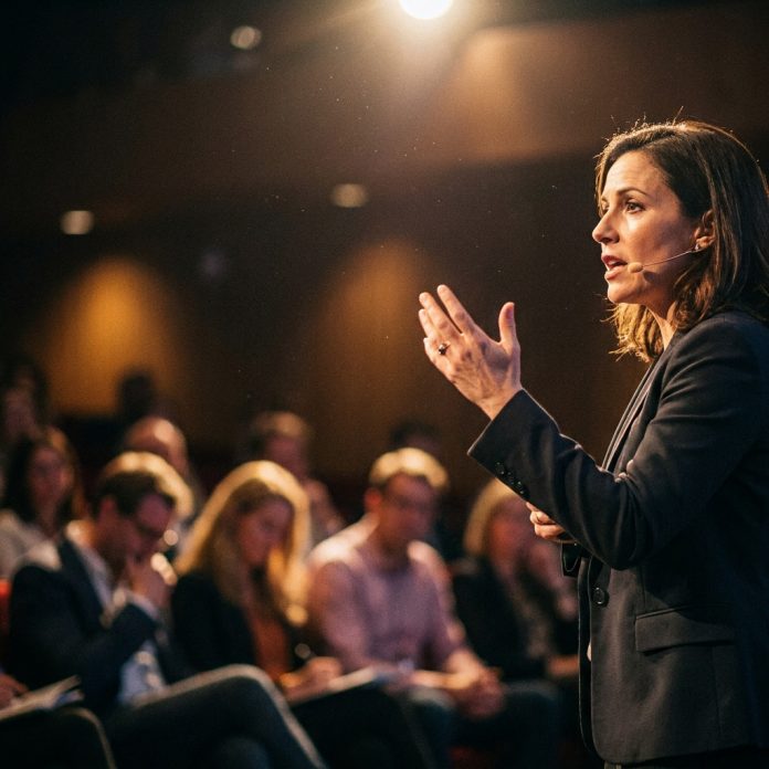 Speaker delivering a powerful opening hook to a captivated audience