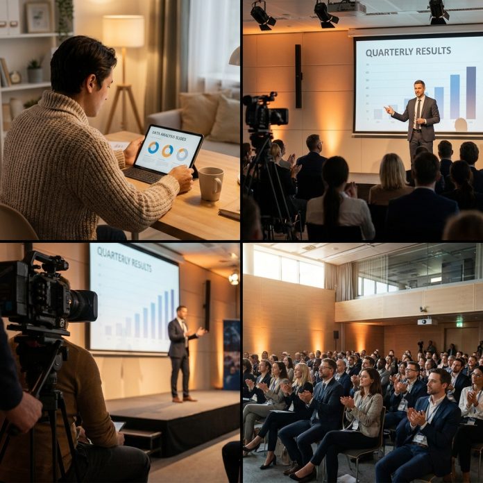 Split scene showing someone reading slides on a tablet alongside a live presenter with an audience