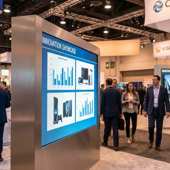 PowerPoint presentation looping on a digital display at a trade show booth