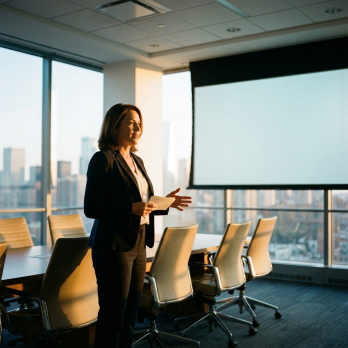 Speaker rehearsing a presentation from memory in an empty conference room