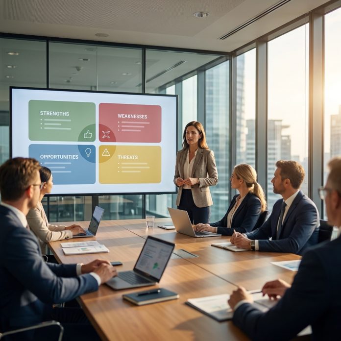 Presenter showing a color-coded SWOT analysis on screen to an engaged meeting room