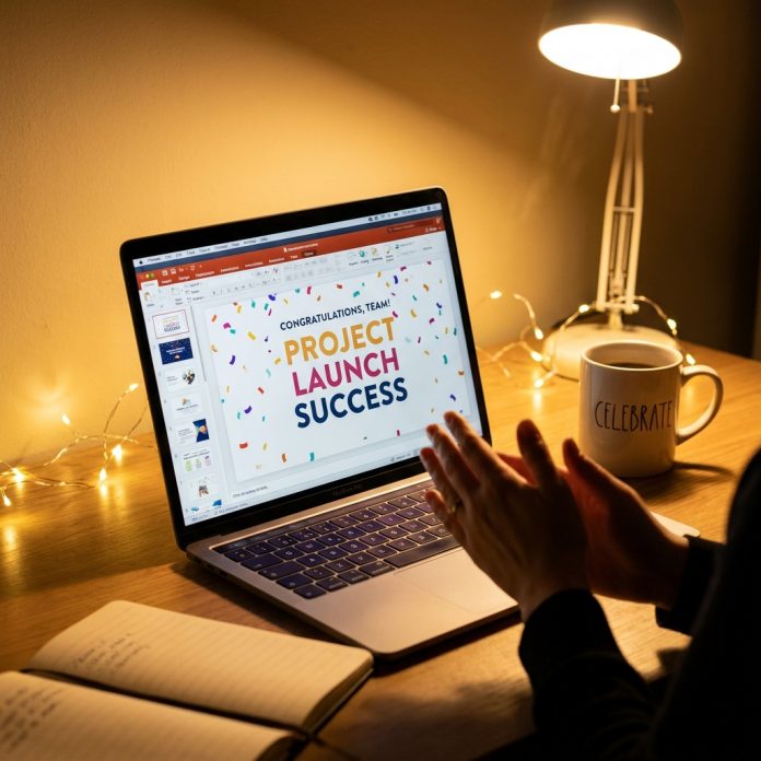 Colorful confetti bursting across a celebratory PowerPoint slide on a laptop