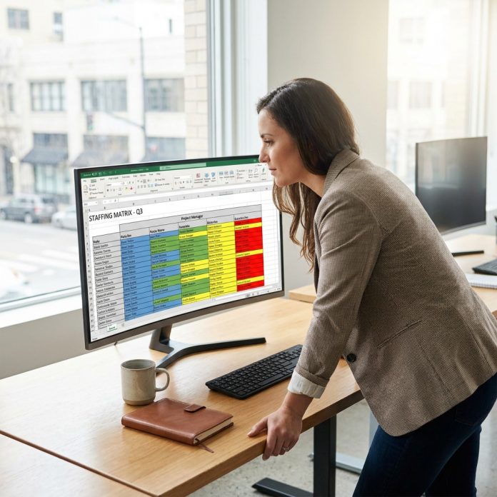 A color-coded staffing matrix spreadsheet on a monitor being reviewed by a manager